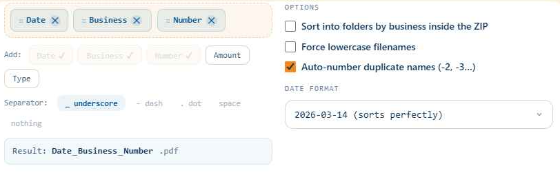 TidyFello naming and options panel