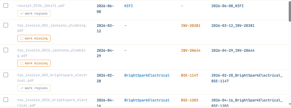 Results table showing mark regions and mark missing buttons